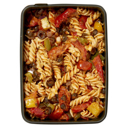 Fusilli salad with sun-dried tomato, bell pepper, and olive