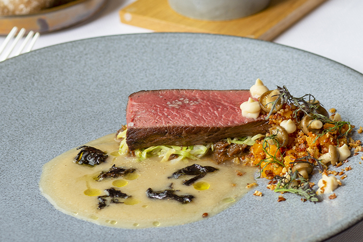 Hert met spitskool, salade van pompoen en saus van aardpeer