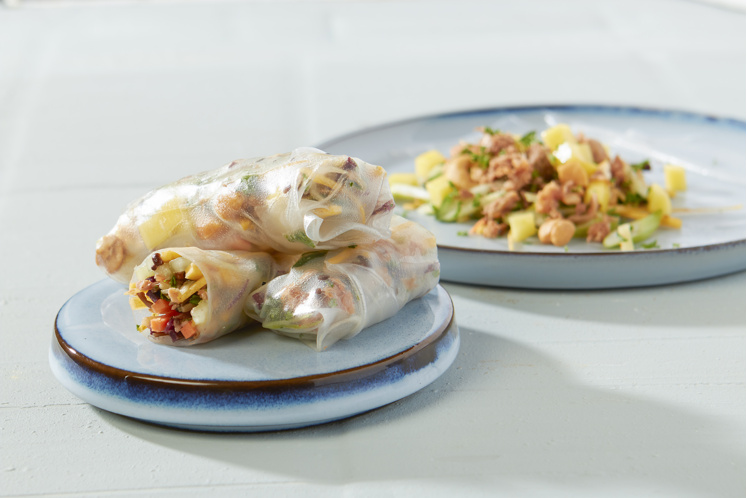 Springrolls met pulled jackfruit, mango, hazelnoot en edamame