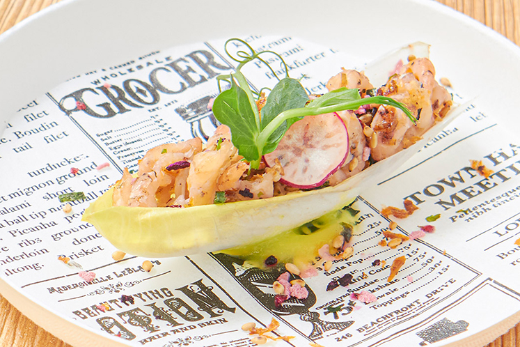 Witlof, Solt garnalen, gekonfijte citroen en furikake ume