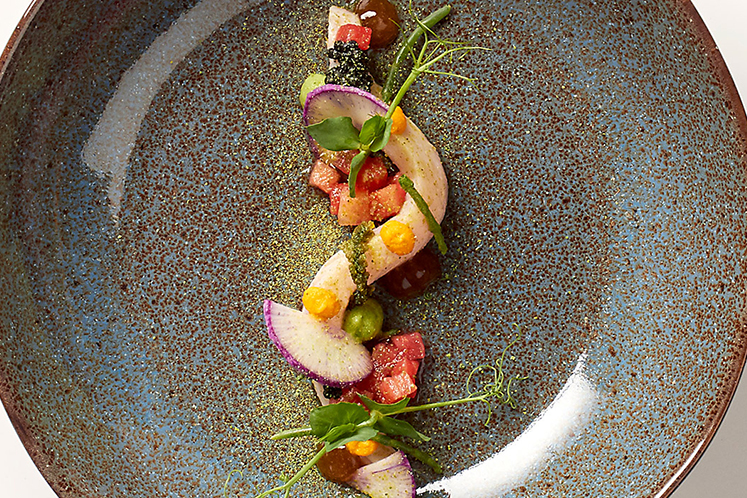Ceviche van makreel met gemarineerde watermeloen
