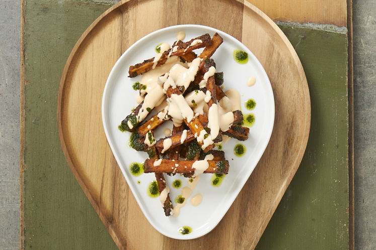 Zoete aardappel, pimentón, sriracha & koriander