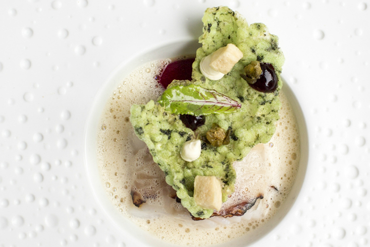 Kabeljauw met zolderspek, ponzu en rodebietenpuree