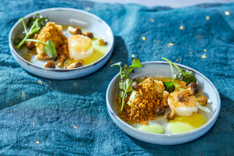 Coquille, mousseline van knolselderij met truffel, beurre noisette en luchtige hollandaise