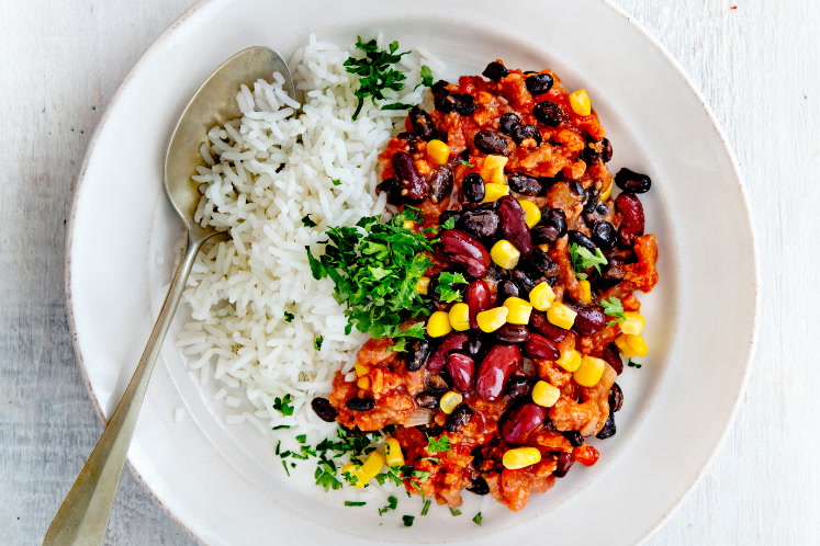 Chili sin carne met gegrilde groenten