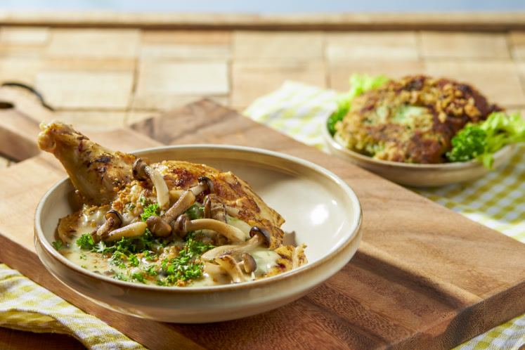 Fricassée van gegrilde maïshoen met dragonroomsaus en smashed potato