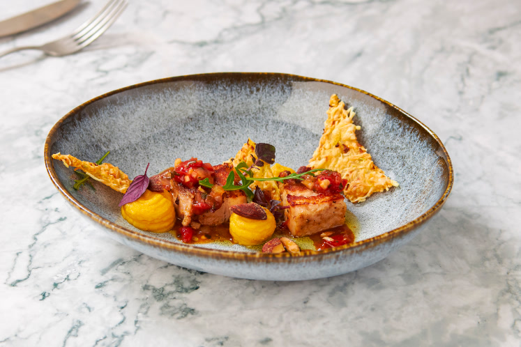 Geroosterd buikspek, crème van pompoen