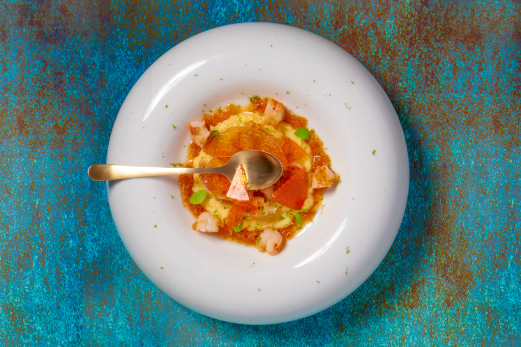 Gamba’s, aardappelmousseline en beurre noisette