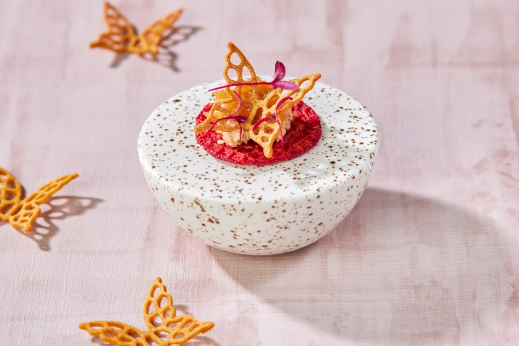 Kruidkoek vlinder met eendenlever mousse en bieten gaufrette