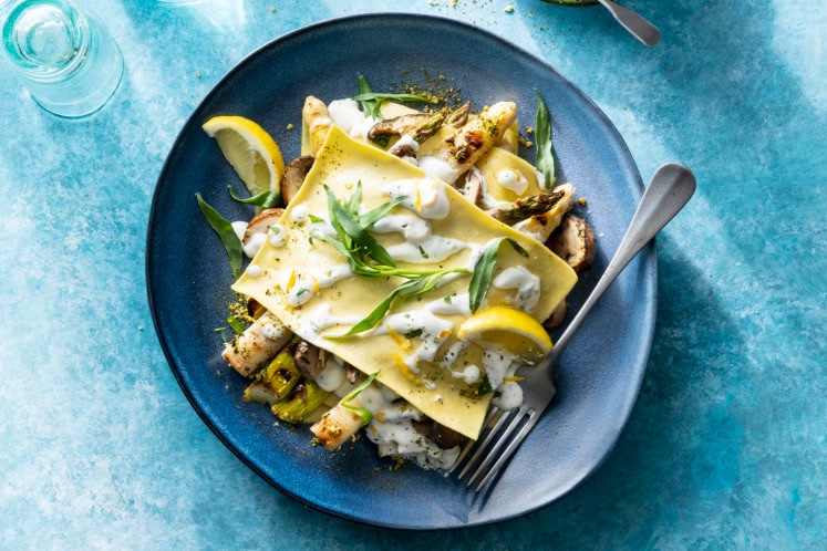 Open paddenstoelenlasagne met asperges