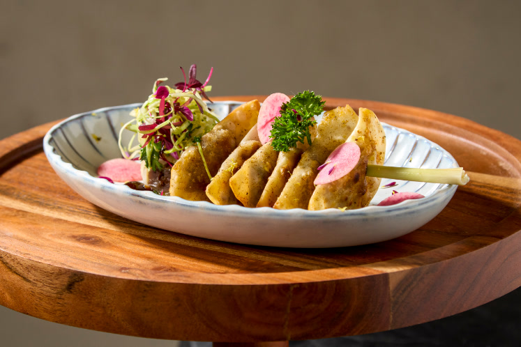 Wilde eend dumplings met spitskoolsalade en zwarte pepersaus