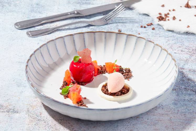 Diverse bereidingen van bloedsinaasappel, witte chocolade en vanille