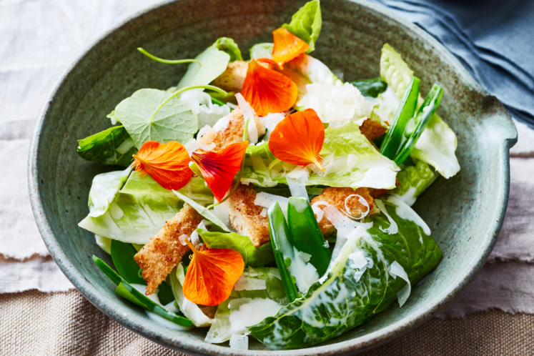 Caesar salade met (vegetarische) schnitzel